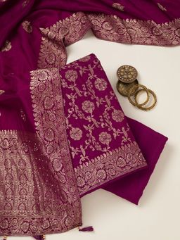 Koskii - Purple Silk Blend Zari Unstitched Kurta with Unstitched Bottom and Dupatta Set of 3