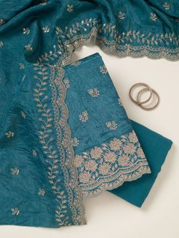 Koskii - Blue Tissue Thread Work Unstitched Kurta with Unstitched Bottom and Dupatta Set of 3