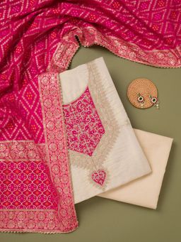 Koskii - Pink Tissue Zari Unstitched Kurta with Unstitched Bottom and Dupatta Set of 3
