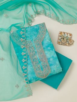 Koskii - Green Organza Zari Unstitched Kurta with Unstitched Bottom and Dupatta Set of 3