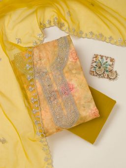 Koskii - Yellow Organza Zari Unstitched Kurta with Unstitched Bottom and Dupatta Set of 3