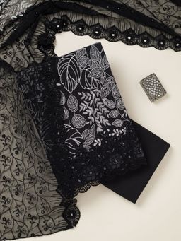 Koskii - Black Cotton Blend Thread Work Unstitched Kurta with Unstitched Bottom and Dupatta Set of 3