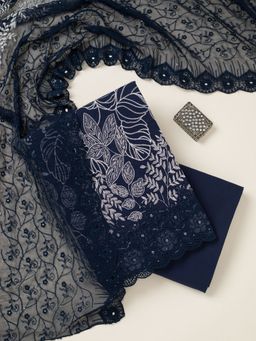 Koskii - Blue Cotton Blend Thread Work Unstitched Kurta with Unstitched Bottom and Dupatta Set of 3