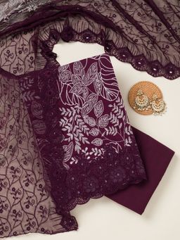 Koskii - Purple Cotton Blend Thread Work Unstitched Kurta with Unstitched Bottom and Dupatta Set of 3