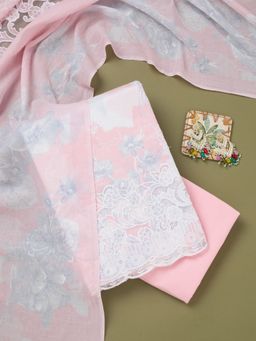 Koskii - Pink Cotton Blend Thread Work Unstitched Kurta with Unstitched Bottom and Dupatta Set of 3