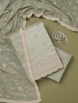 Koskii - Green Silk Blend Embroidered Unstitched Kurta with Unstitched Bottom and Dupatta Set of 3