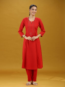 Cotton Culture - Red Embroidered Straight Kurta & Pant