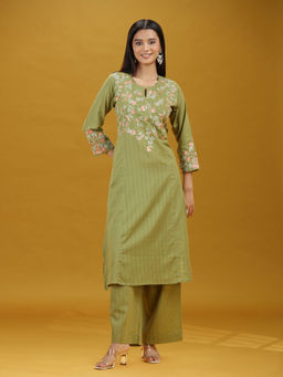 Cotton Culture - Green Floral Straight Kurta & Pant