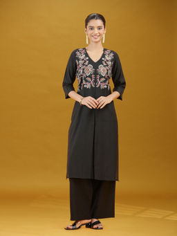 Cotton Culture - Black Embroidered Straight Kurta & Pant