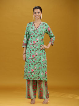 Cotton Culture - Green Floral Straight Kurta & Pant