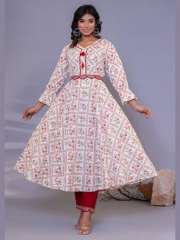 VEDANA - Cream Embellished/Sequined Straight Anarkali Kurta & Pant