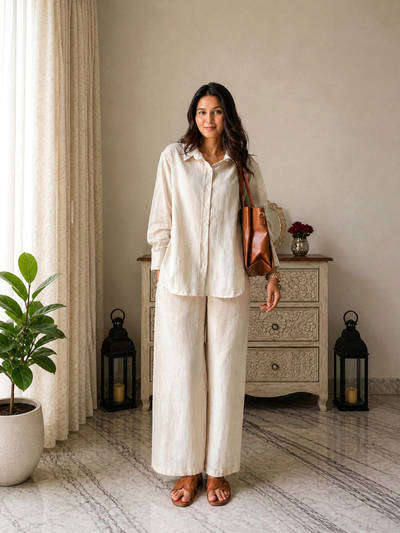 Off White Solid/Plain Straight Co-ord Set