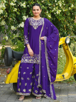 Anveri Textiles - Purple Embroidered Wide Kurta Palazzo with Dupatta