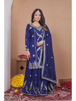 Anveri Textiles - Blue Embroidered Wide Kurta Palazzo with Dupatta