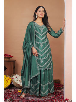 Anveri Textiles - Green Embroidered Wide Kurta Palazzo with Dupatta