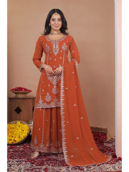 Anveri Textiles - Rust Embroidered Wide Kurta Palazzo with Dupatta
