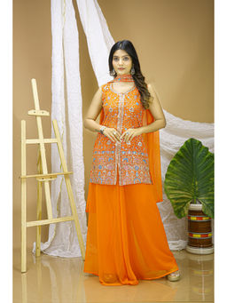 Anveri Textiles - Orange Embroidered Wide Kurti Palazzo with Dupatta