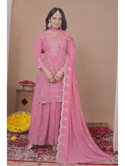 Anveri Textiles - Pink Embroidered Wide Kurta Palazzo with Dupatta