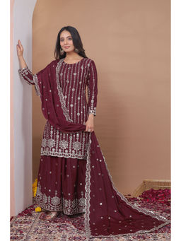 Anveri Textiles - Maroon Embroidered Wide Kurta Palazzo with Dupatta
