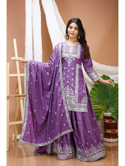 Anveri Textiles - Purple Embroidered Wide Kurta Palazzo with Dupatta