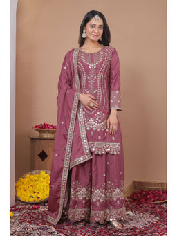 Anveri Textiles - Mauve Embroidered Wide Kurta Palazzo with Dupatta