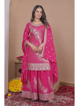 Anveri Textiles - Pink Embroidered Wide Kurta Palazzo with Dupatta