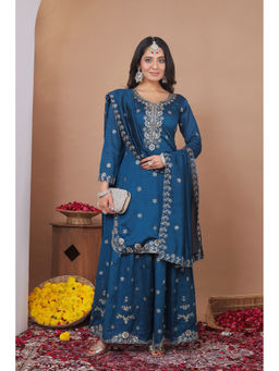 Anveri Textiles - Teal Embroidered Wide Kurta Palazzo with Dupatta