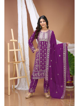 Anveri Textiles - Purple Embroidered Straight Kurta Pant with Dupatta