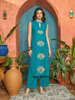 Stylum - Teal Embroidered Straight Kurta & Pant