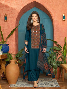 Stylum - Teal Embellished/Sequined Straight Kurta Palazzo with Dupatta