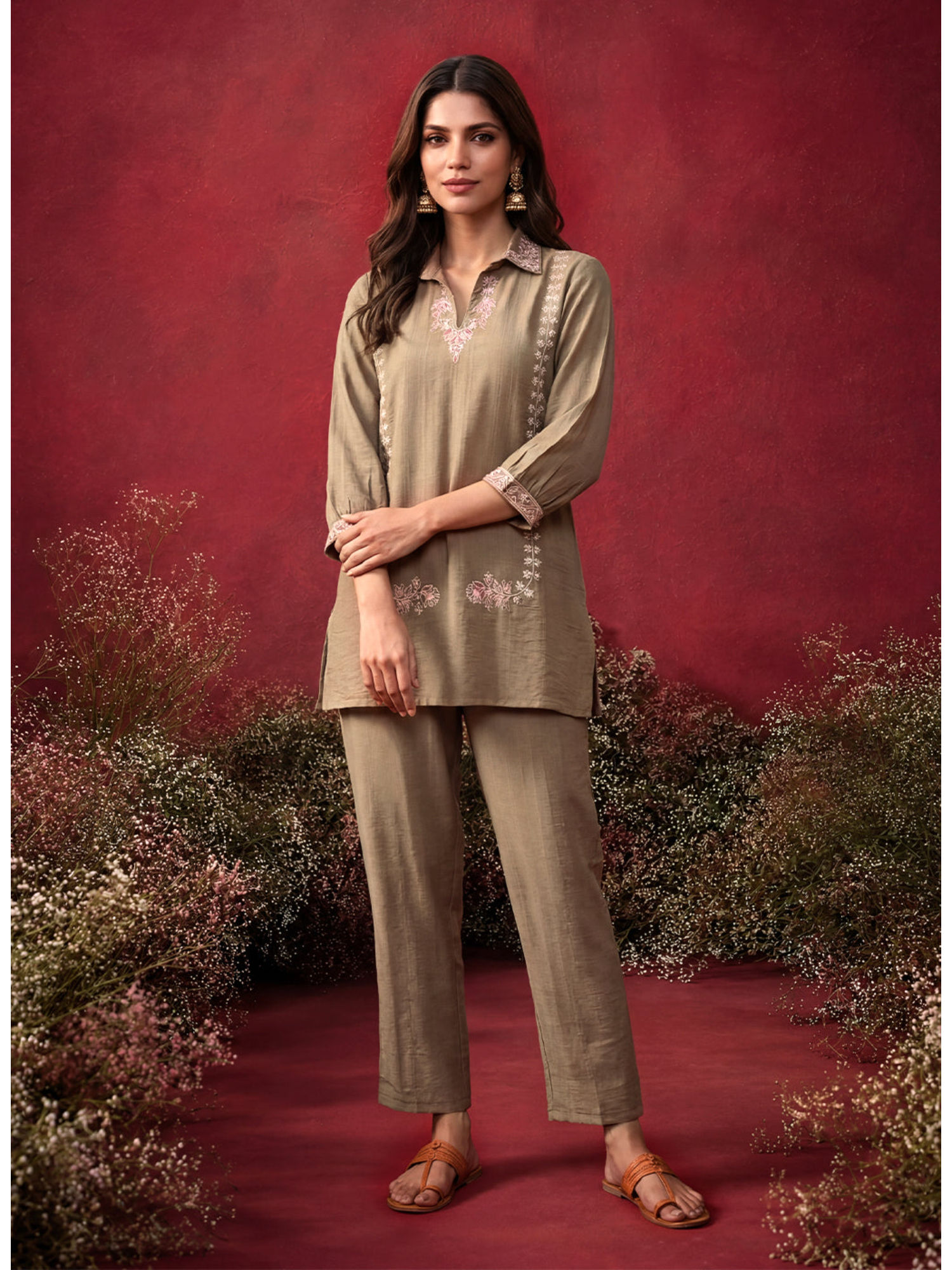 lakshita Taupe Embroidered Straight Co-ord Set-picture-28