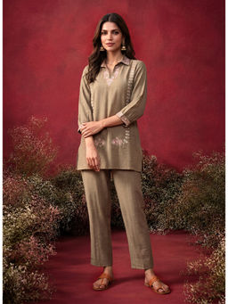 Lakshita - Taupe Embroidered Straight Co-ord Set