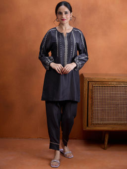 Women Plus - Grey Embroidered Tapered Co-ord Set