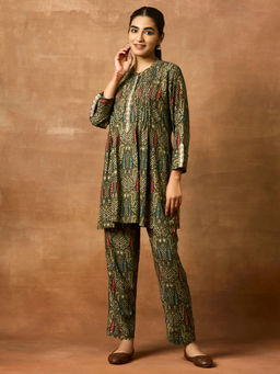 Women Plus - Green Printed Straight Co-ord Set