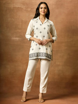Women Plus - White Embroidered Straight Co-ord Set