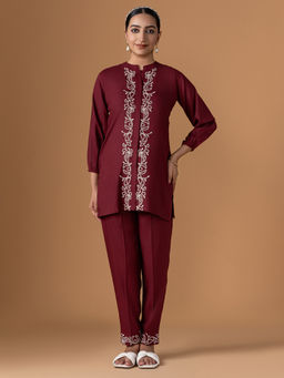 Women Plus - Maroon Embroidered Straight Co-ord Set