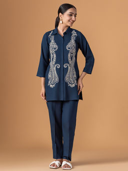 Women Plus - Blue Embroidered Straight Co-ord Set