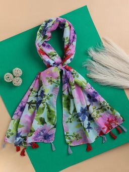 JEWELZ - Colorful Floral Print Tasselled Green Stole
