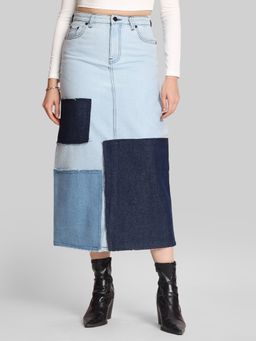 Bene Kleed - Women Patch Worked Pure Cotton Denim Midi Skirt
