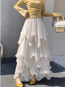 Outzidr - White Asymmetric Ruffled Skirt