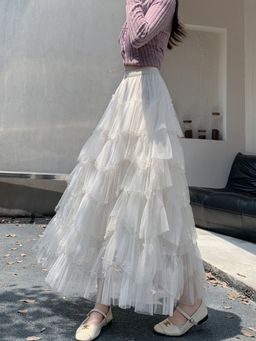 Outzidr - White Sheer Multi Ruffled Hem Tiered Skirt