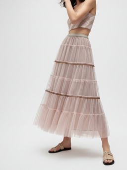 Outzidr - Beige Sheer Tonal Tiered Maxi Skirt