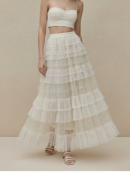 Outzidr - Off White Sheer Tiered With Frilled Hem Skirt