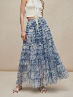 Outzidr - Blue Abstract Printed Ombre Coloured Tiered Skirt