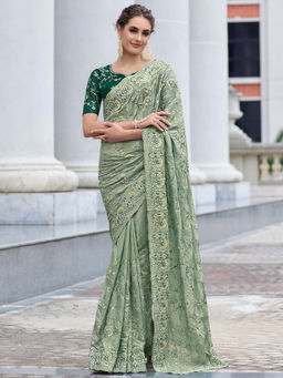Odette - Olive Georgette Embroidered Saree with Unstitched Blouse