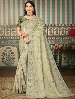 Odette - Light Green Georgette Embroidered Saree with Unstitched Blouse