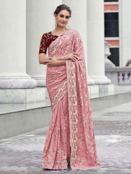 Odette - Peach Georgette Embroidered Saree with Unstitched Blouse