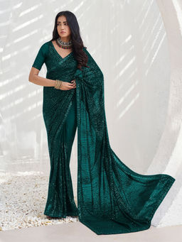 Odette - Teal Georgette Embellished Saree with Unstitched Blouse
