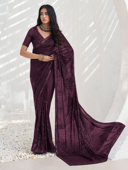 Odette - Wine Georgette Embellished Saree with Unstitched Blouse