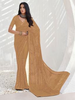 Odette - Beige Georgette Embellished Saree with Unstitched Blouse